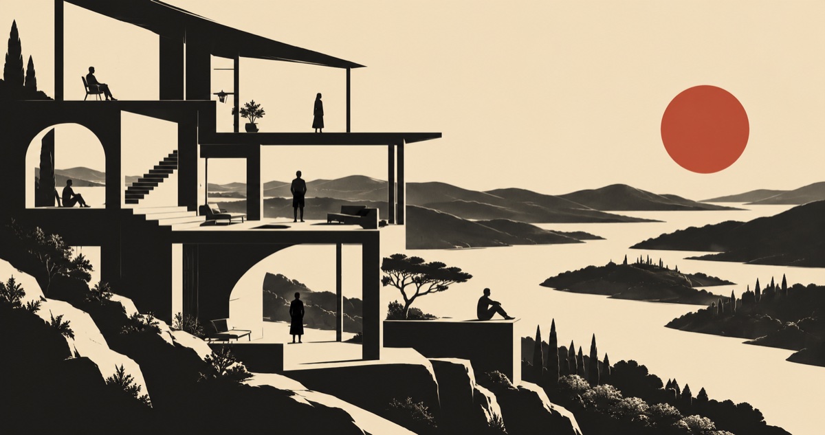 A flat illustration in cream and black with one red sun: a modern house of stacked open floors on a hillside, a lone figure on each level, one seated on the roof terrace, one standing at a railing, one sitting in an arched window, one on a ledge below, all looking out over a bay of dark islands and low hills, with cypress trees and a large red disc of sun on the right.