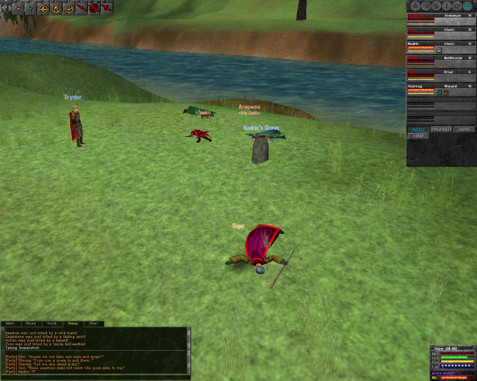 Siger lies dead on a grassy riverbank beside a gravestone, with party members scattered nearby and the chat window open.