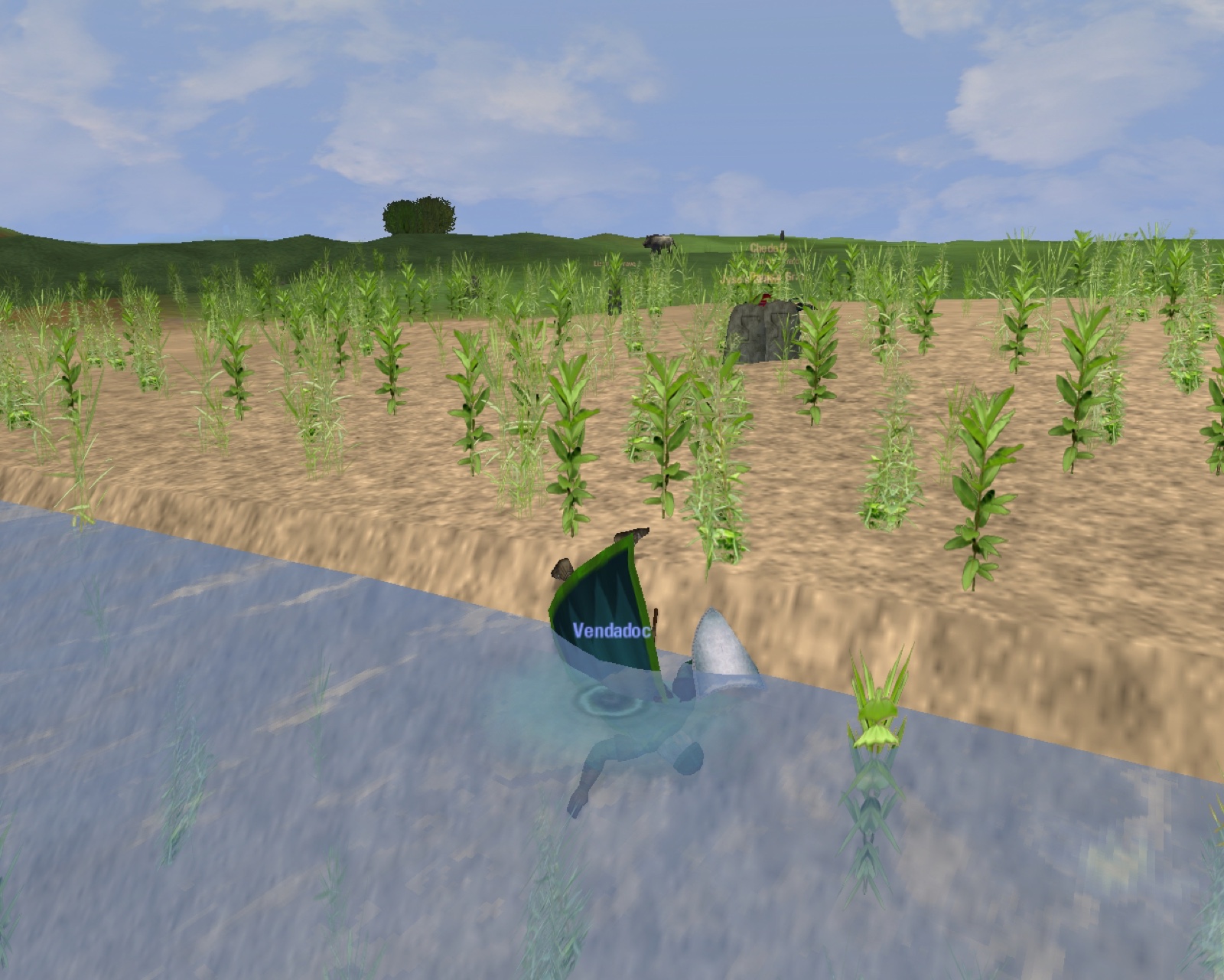 Vendadoc's body is plunged head-first into the shallows of a river, boots and cloak above the water, a gravestone on the bank.