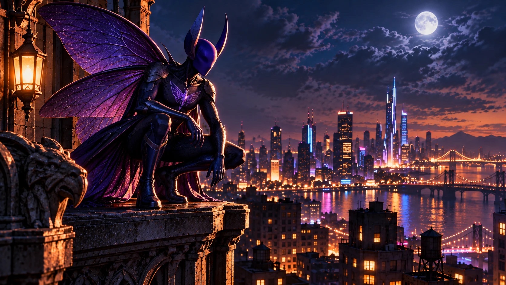 A dark indigo figure with large violet moth wings and two pale antenna crests crouches on a stone ledge beside a gargoyle and a lit lantern, at night under a full moon, looking out over the city and its lit bridges across the bay.