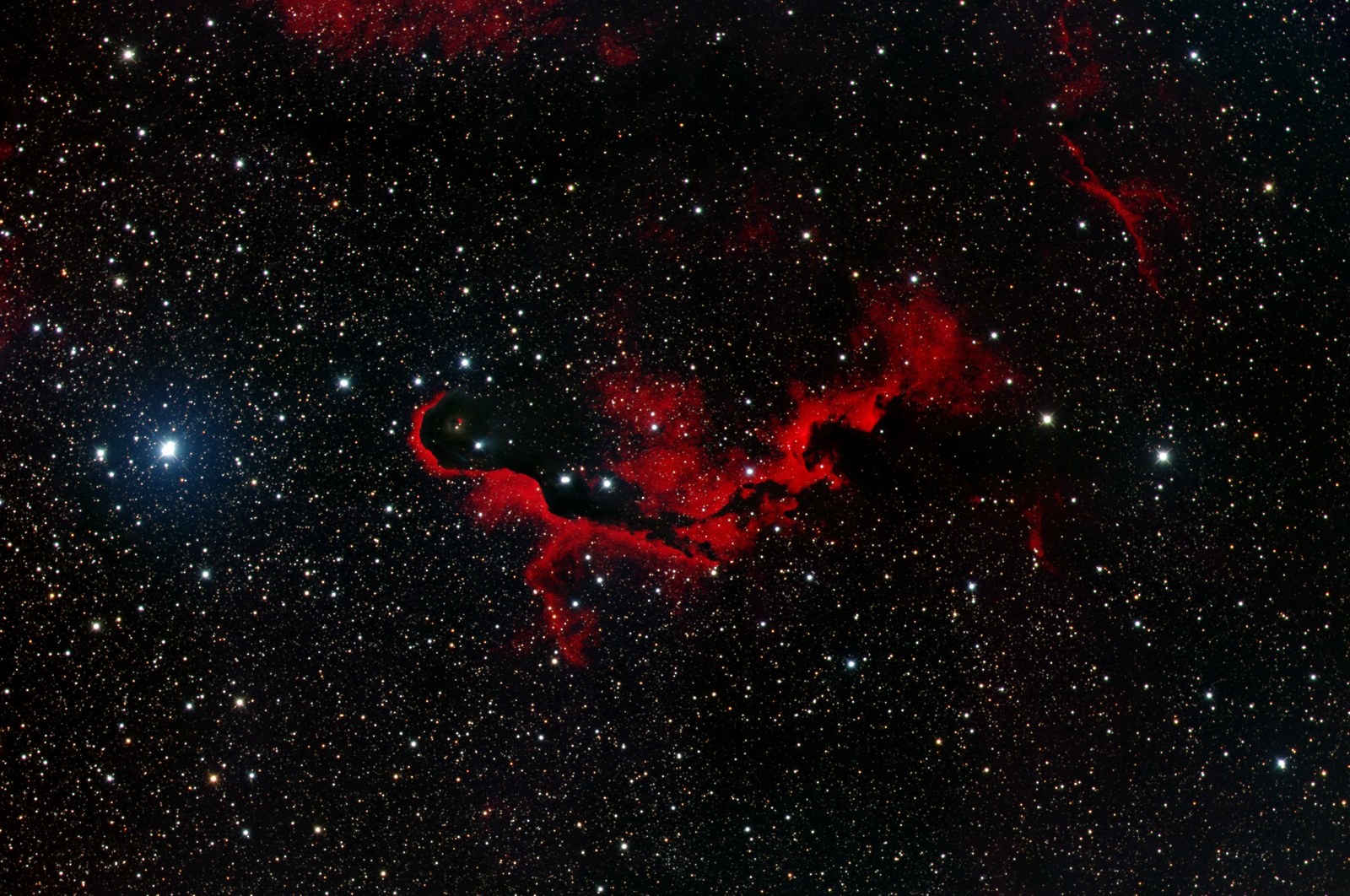 A dense star field with a glowing red cloud at center, cut by a dark curling column of dust shaped like an elephant's trunk, its rounded head at left rimmed in bright red.