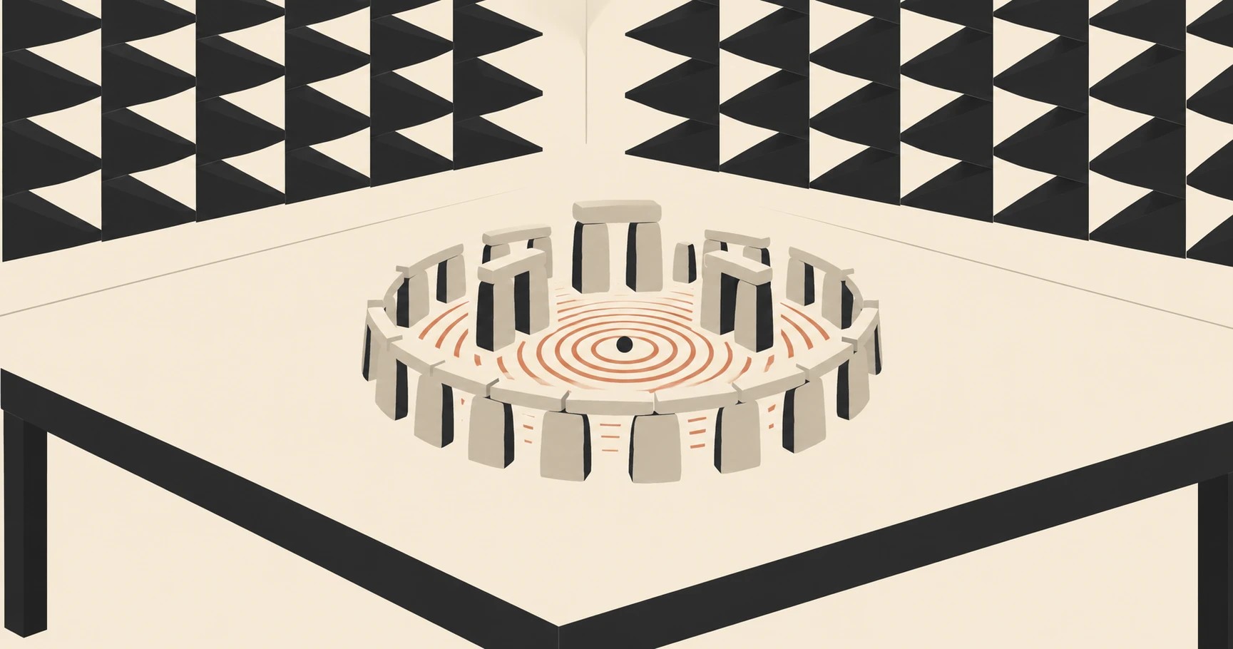 A flat illustration in cream, black and terracotta: a tabletop ring of small grey standing stones with lintels, set inside a room whose walls are rows of dark foam wedges. From a dot at the center of the ring, concentric orange arcs spread outward and stop at the stones; the table outside the ring is empty.